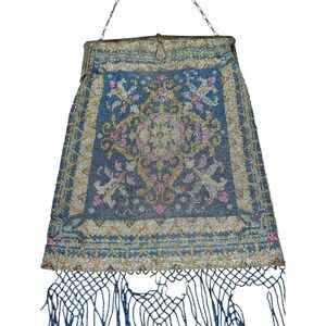 Antique 1920s Art Deco Micro Beaded Fringe Purse Blue Rose Gold Medallion As Is